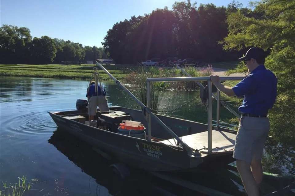 Biologists launch the electrofishing boat 