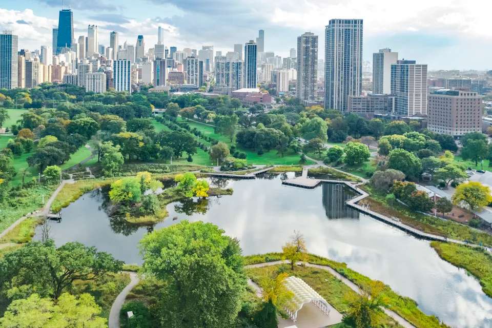 aerial view Chicago skyline 