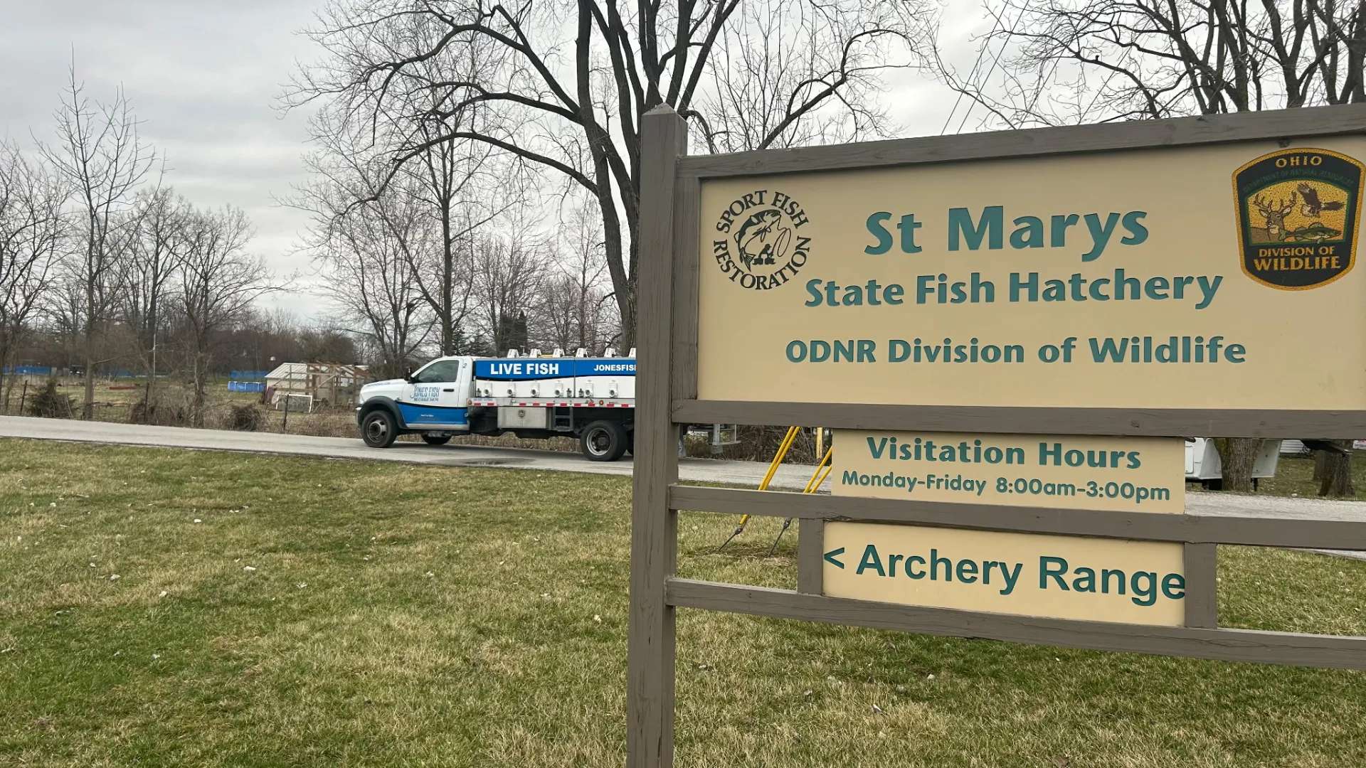 Jones Lake Management fish delivery truck parked at St. Marys State Fish Hatchery, delivering fathead minnows for sportfish production.